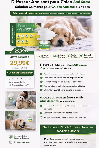 Diffuseur Apaisant pour Chien Anti-Stress – Solution Calmante pour Chiens Anxieux à la Maison